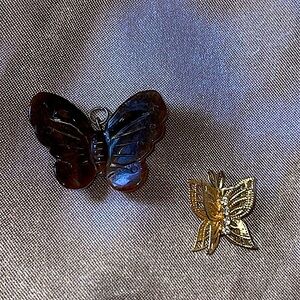 Vintage Butterfly Pendants Gold Filigree with Rhinestones and Carved Tiger’s Eye